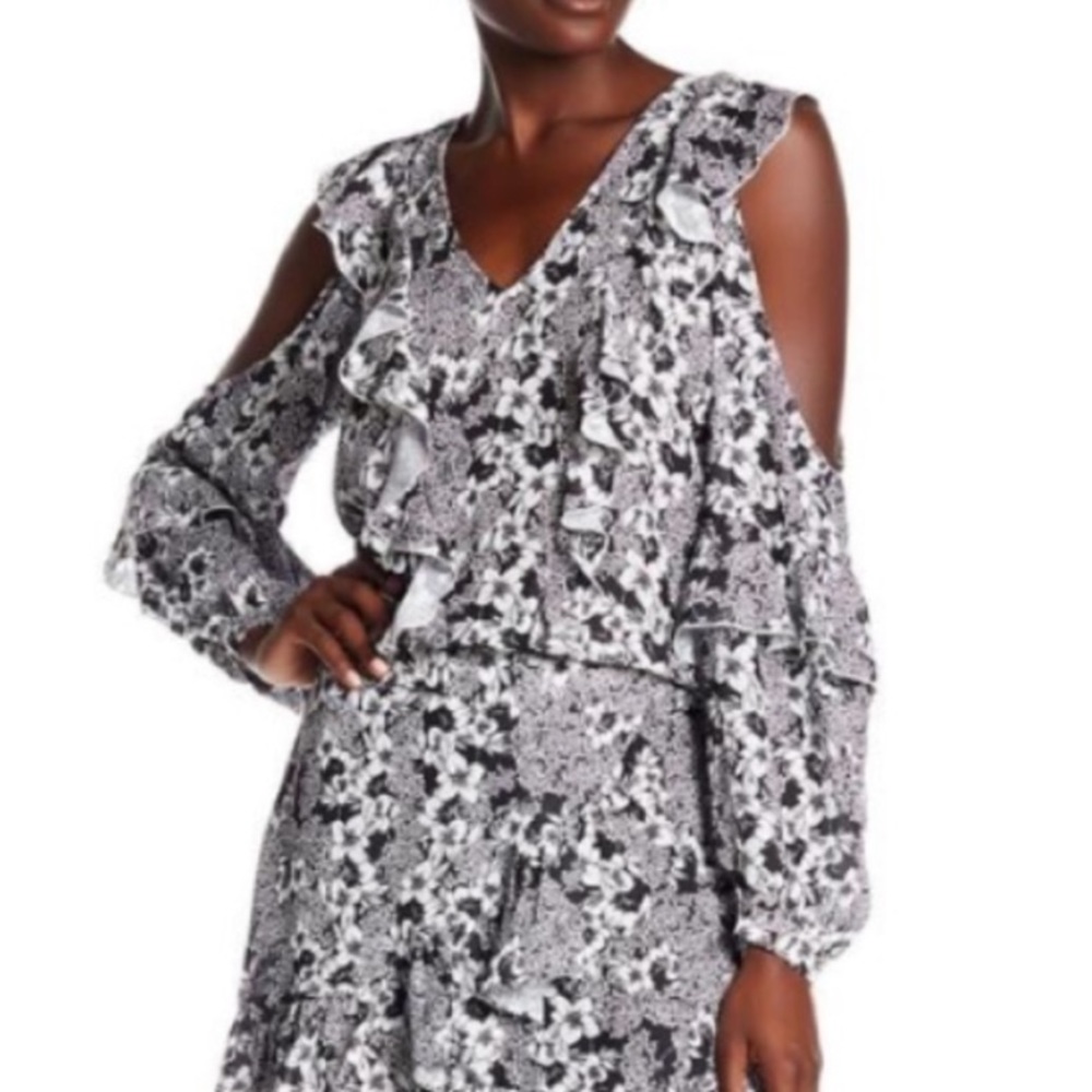 Parker Black Floral Ruffle Cold Shoulder Shirt
